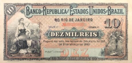 Аверс банкноты 10 мильрейс Banco da República dos Estados Unidos do Brazil (Бразилия) 1891 года