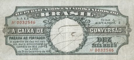 Аверс банкноты 10 мильрейс Caixa de Conversão (Бразилия) 1910 года