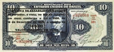 Аверс банкноты 10 мильрейс Caixa de Eстабиласао (Бразилия) 1926 года