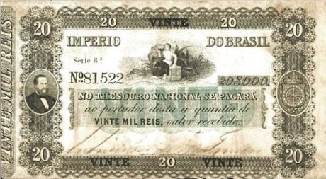 Аверс банкноты 20 мильрейс Thesouro Nacional (Бразилия) 1867 года