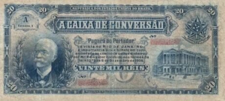 Аверс банкноты 20 мильрейс Caixa de Conversão (Бразилия) 1907 года