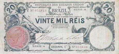 Аверс банкноты 20 мильрейс Caixa de Conversão; Предварительный выпуск (Бразилия) 1907 года