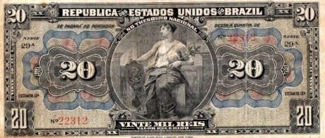 Аверс банкноты 20 мильрейс Thesouro Nacional (Бразилия) 1909 года