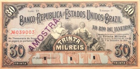 Аверс банкноты 30 мильрейс Banco da República dos Estados Unidos do Brazil (Бразилия) 1891 года