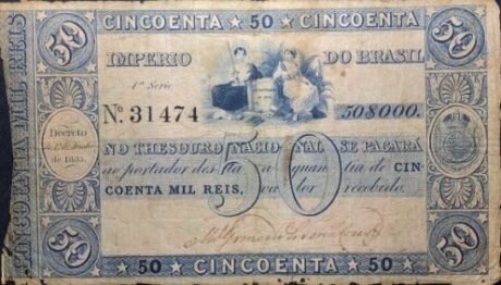 Аверс банкноты 50 мильрейс Thesouro Nacional (Бразилия) 1839 года