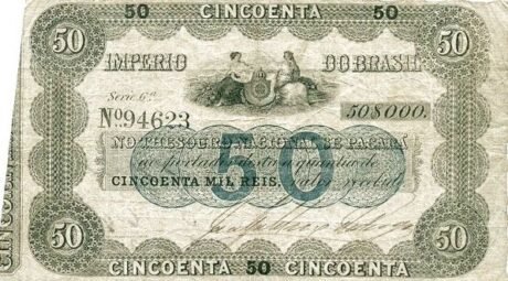 Аверс банкноты 50 мильрейс Thesouro Nacional; 4-й отпечаток (Бразилия) 1852 года