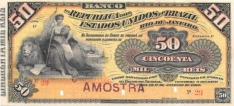 Аверс банкноты 50 мильрейс Banco da República dos Estados Unidos do Brazil (Бразилия) 1891 года
