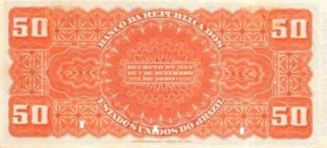 Реверс банкноты 50 мильрейс Banco da República dos Estados Unidos do Brazil (Бразилия) 1891 года