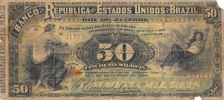 Аверс банкноты 50 мильрейс Banco da República dos Estados Unidos do Brazil (Бразилия) 1891 года