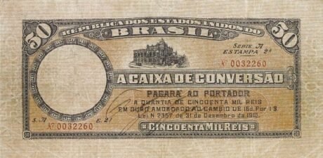 Аверс банкноты 50 мильрейс Caixa de Conversão (Бразилия) 1910 года
