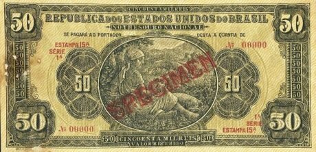 Аверс банкноты 50 мильрейс Thesouro Nacional (Бразилия) 1923 года