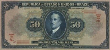 Аверс банкноты 50 мильрейс Thesouro Nacional (Бразилия) 1924 года