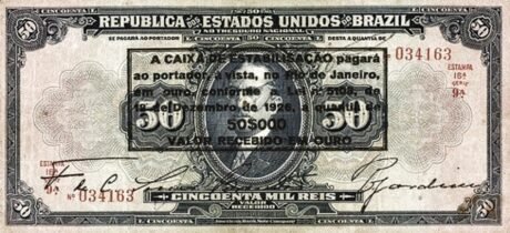Аверс банкноты 50 мильрейс Caixa de Eстабиласао; надпечатка на 50 мильрейс P# 58 (Бразилия) 1926 года