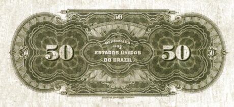 Реверс банкноты 50 мильрейс Caixa de Eстабиласао; надпечатка на 50 мильрейс P# 58 (Бразилия) 1926 года