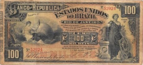 Аверс банкноты 100 мильрейс Banco da República dos Estados Unidos do Brazil (Бразилия) 1891 года