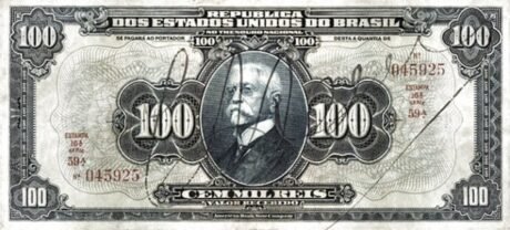 Аверс банкноты 100 мильрейс Thesouro Nacional (Бразилия) 1924 года