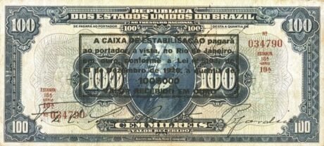 Аверс банкноты 100 мильрейс Caixa de Eстабиласао; надпечатка P#70 (Бразилия) 1926 года