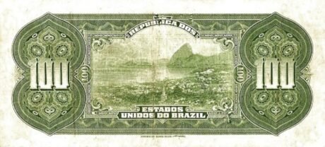Реверс банкноты 100 мильрейс Caixa de Eстабиласао; надпечатка P#70 (Бразилия) 1926 года