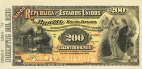 Аверс банкноты 200 мильрейс Banco da República dos Estados Unidos do Brazil (Бразилия) 1891 года