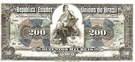 Аверс банкноты 200 мильрейс Thesouro Nacional (Бразилия) 1908 года