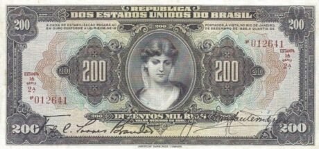 Аверс банкноты 200 мильрейс Caixa de Eстабиласао (Бразилия) 1927 года