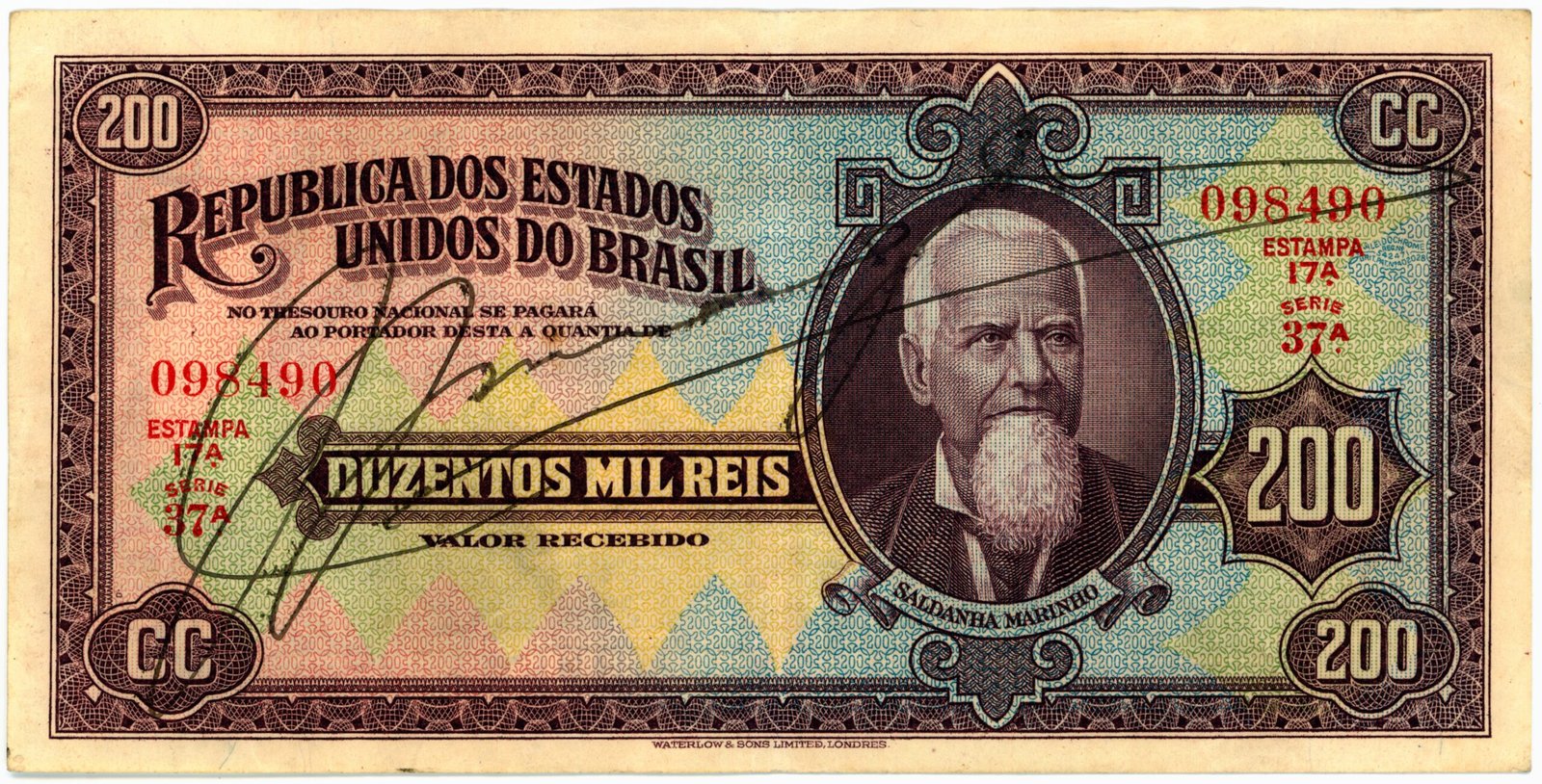 Аверс банкноты 200 мильрейс Thesouro Nacional (Бразилия) 1936 года