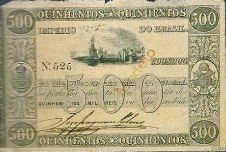 Аверс банкноты 500 мильрейс Thesouro Nacional; 3-й. Распечатать (Бразилия) 1859 года