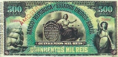 Аверс банкноты 500 мильрейс Banco da República dos Estados Unidos do Brazil (Бразилия) 1891 года