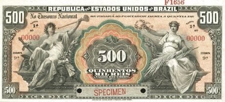 Аверс банкноты 500 мильрейс Thesouro Nacional (Бразилия) 1907 года