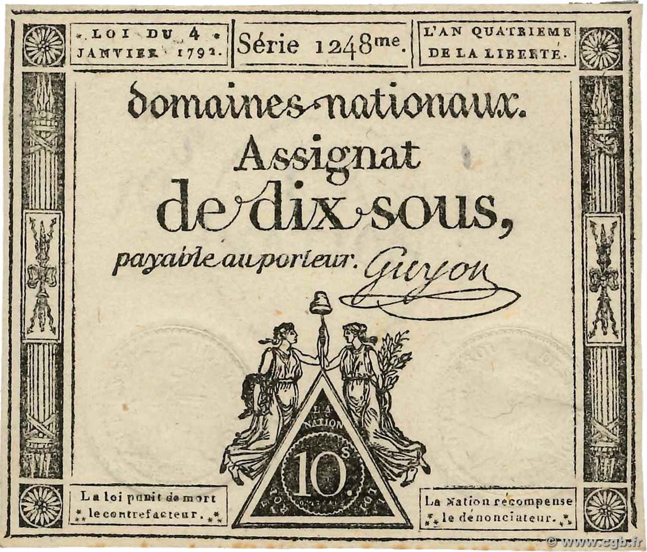 Аверс банкноты 10 Sous (Франция) 1792 года