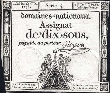 Аверс банкноты 10 Sous (Франция) 1793 года