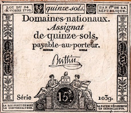Аверс банкноты 15 Sols (Франция) 1792 года