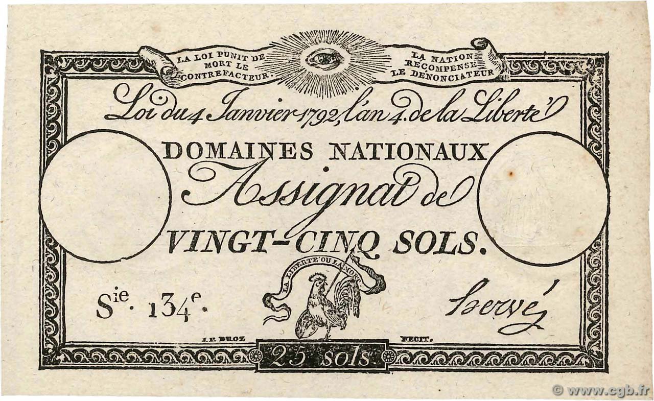 Аверс банкноты 25 Sols (Франция) 1792 года