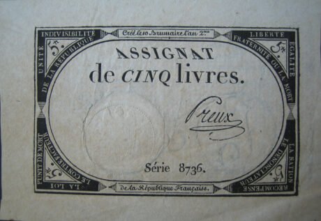 Аверс банкноты 5 ливров (Франция) 1793 года