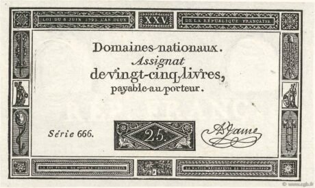 Аверс банкноты 25 ливров (Франция) 1793 года