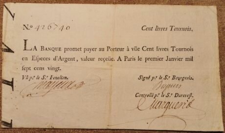 Аверс банкноты 100 ливр Турнуа (Франция) 1720 года