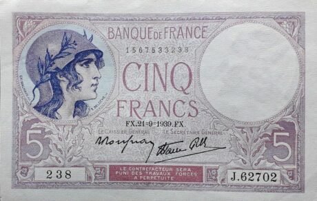 Аверс банкноты 5 франков (Франция) 1939 года
