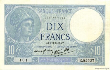Аверс банкноты 10 франков (Франция) 1939 года