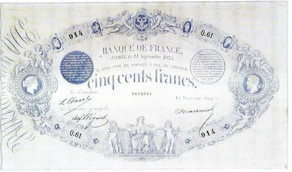 Аверс банкноты 500 франков (Франция) 1863 года