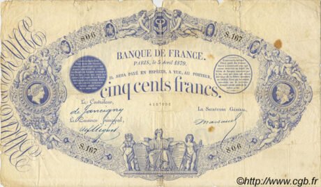 Аверс банкноты 500 франков (Франция) 1868 года