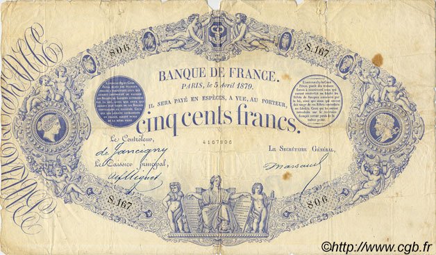 Аверс банкноты 500 франков (Франция) 1868 года