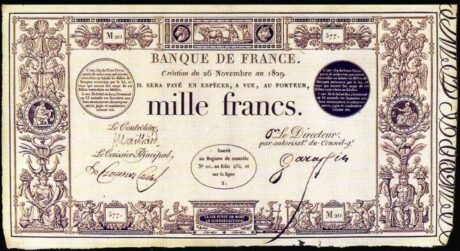 Аверс банкноты 1000 франков (Франция) 1829 года