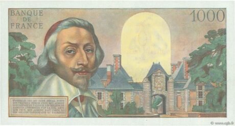 Реверс банкноты 10 франков - Надпечатка на 1000 франков Ришелье (Франция) 1957 года