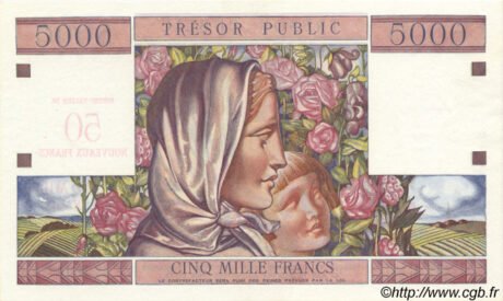 Реверс банкноты 50 франков - Надпечатка на 5000 франков Трезор (Франция) 1960 года