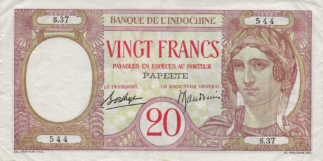 Аверс банкноты 20 франков Папеэте (Франция) 1928 года