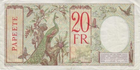 Реверс банкноты 20 франков Папеэте (Франция) 1928 года
