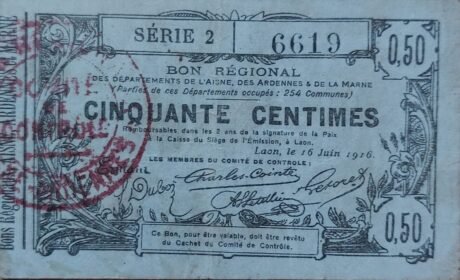 Awers banknotu 50 centymów – departamenty Ain, Ardeny i Marna (Francja) 1916