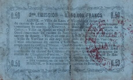 Rewers banknotu 50 centymów – departamenty Ain, Ardeny i Marna (Francja) 1916