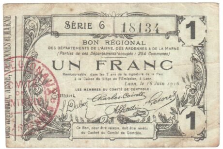Аверс банкноты 1 франк – Региональный ваучер для департаментов Эна, Арденны и Марна (Франция) 1916 года