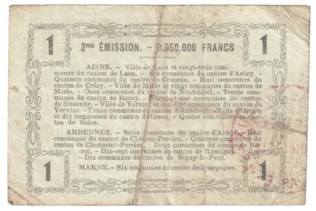 Реверс банкноты 1 франк – Региональный ваучер для департаментов Эна, Арденны и Марна (Франция) 1916 года